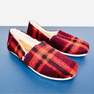 Toms Alpargata Red Plaid Buffalo Check Faux Sherling Sherpa Slip On Shoes Size 6